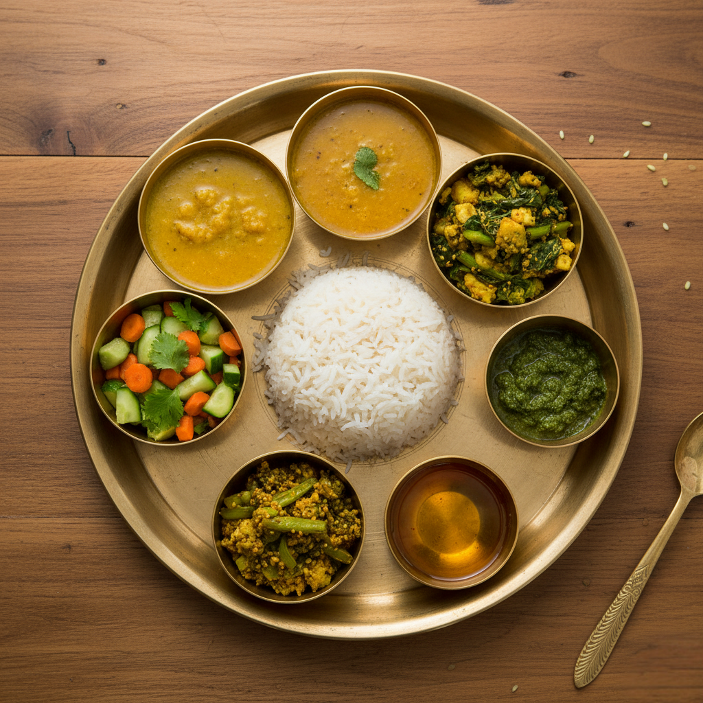 “Traditional Ayurvedic vegetarian lunch platter or thali in shiny brass plate on wood background.”