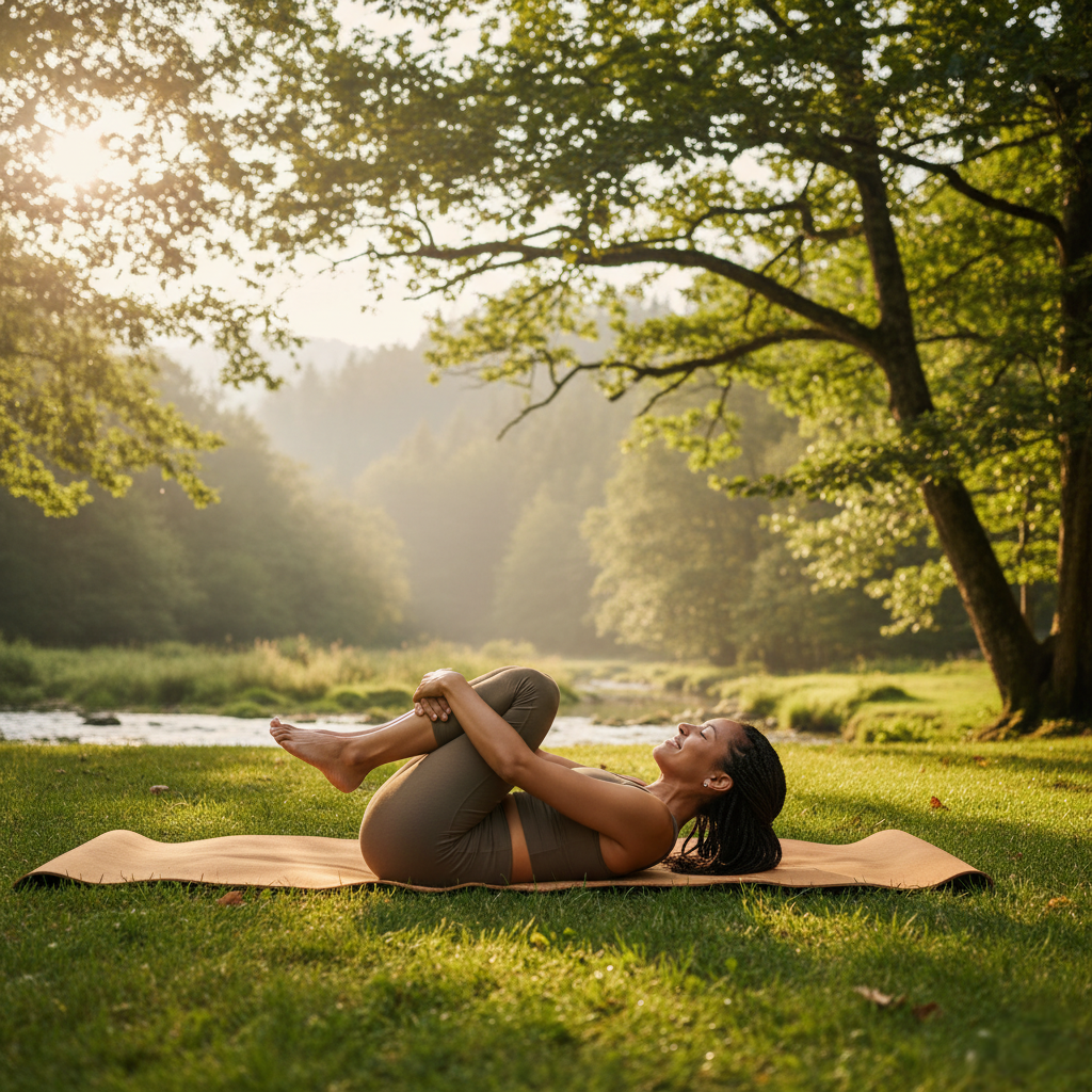 A woman doing Pawanmuktasana yoga posture on a mat in the nature, surrounded by green trees and sunlight helping digestion and gut health.”

