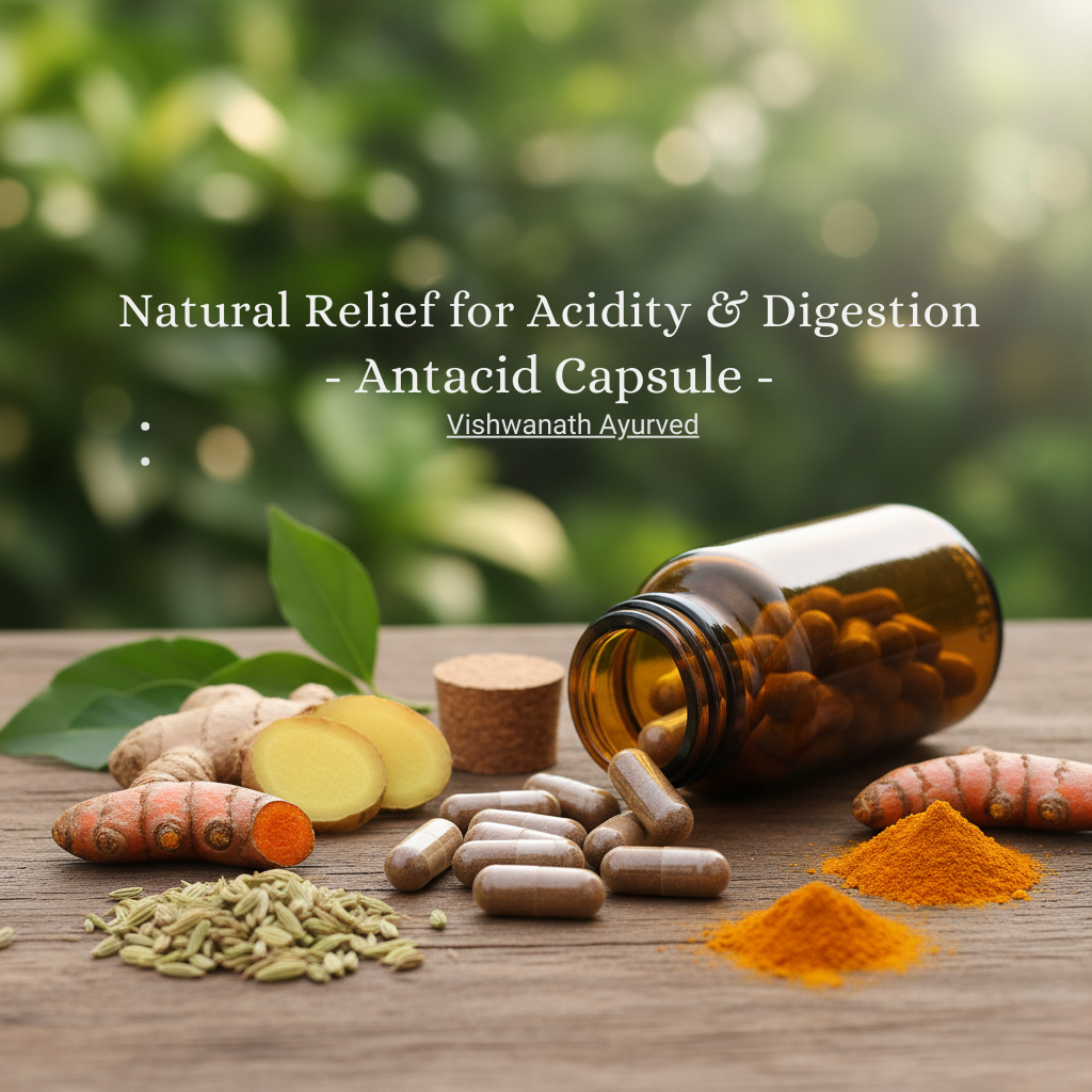 A serene daylight image of an Ayurvedic wellness system featuring and open amber bottle, capsules, fresh ginger, peeled turmeric, sliced and fennel seeds spread out with turmeric powder on a wooden table promoting "Antacid Capsule" for natural treatment.