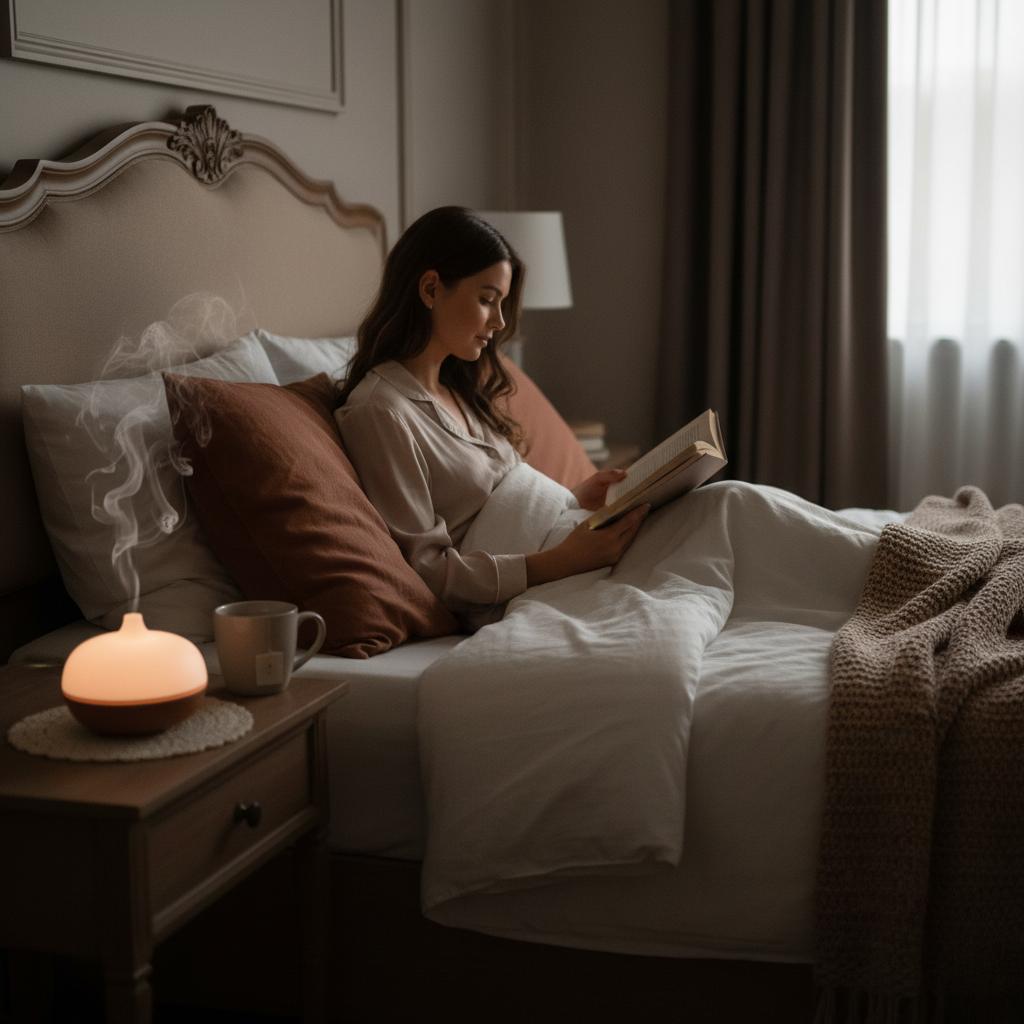 "Cosy night sleeping bedroom scene with dim light, calm person reading book in bed, hot medicinal lemon tea.Soft pillows, bedside table led light and aroma lamp with essential oils. Stresses the value of getting deep restful sleep and what one should spare quiet time on at bed time for a less stressful tomorrow."