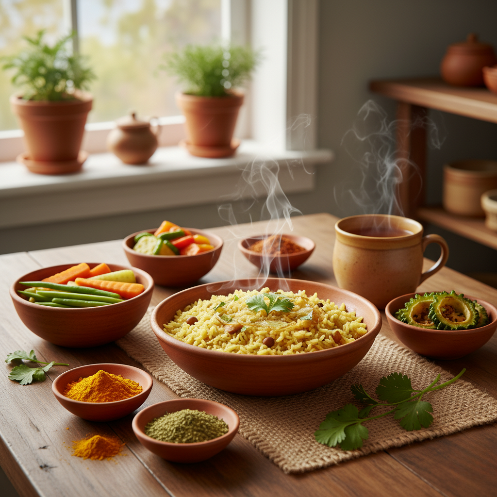 pc( hysterical" Death of Background Food composition for a healthy meal of food to digest. Featuring hot khichdi and fresh veggies, herbal tea and spices including turmeric, cumin and coriander on a rough table. Soft natural light, cozy home kitchen background, highlighting mindful eating and digestive health.”