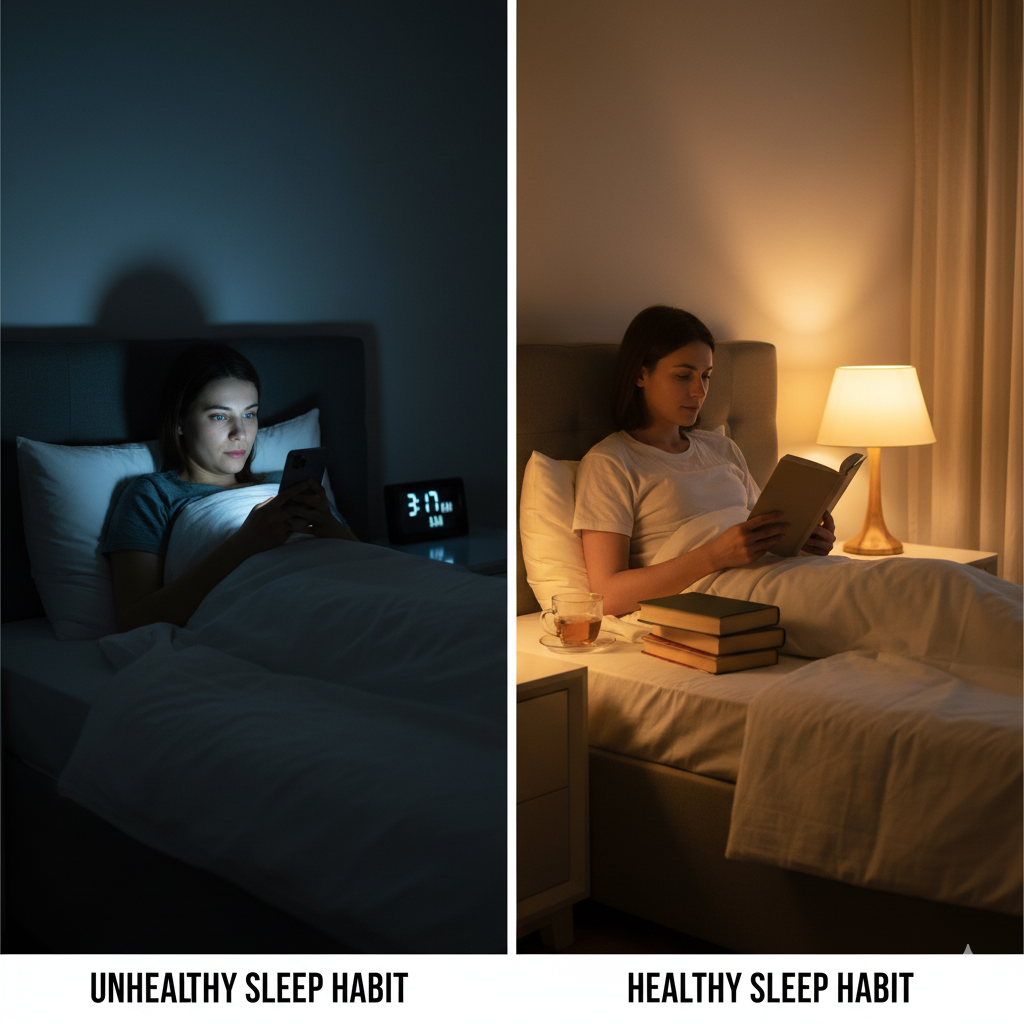 “Dark bedroom scene with a person holding a glowing phone in bed, contrasted with a peaceful scene of someone reading a book before sleeping.”
