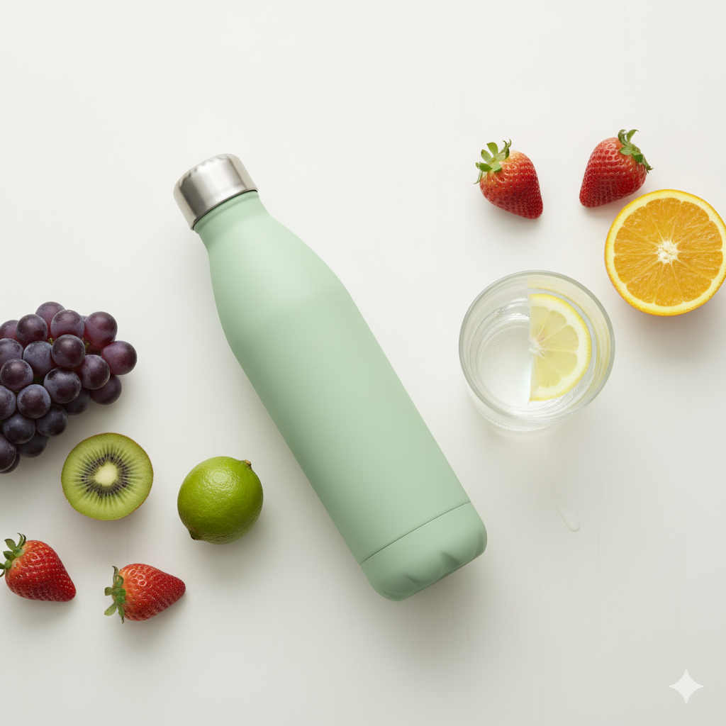 “Minimalist flat lay of a reusable water bottle, fresh fruits, and a glass of clean water on a bright background, symbolizing hydration and health.”

