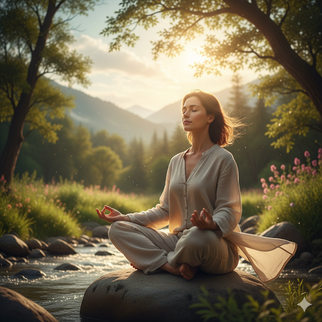 Here's a photo of someone meditating outdoors, conveying relief from stress and focus on mental well-being:
