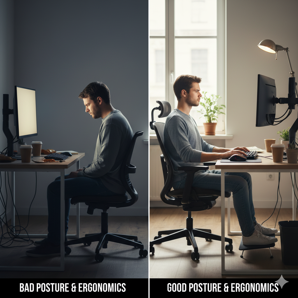 “Side-by-side image of a young person slouching at a computer vs. sitting straight with good posture and ergonomic setup.”

