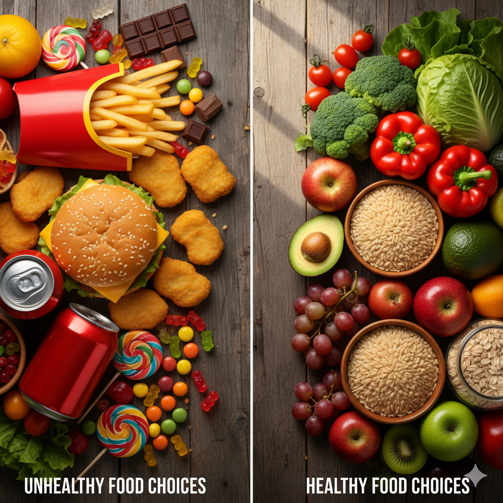 “Colorful comparison image of fast food, soda, and candies on one side, and fresh vegetables, fruits, and whole grains on the other.”
