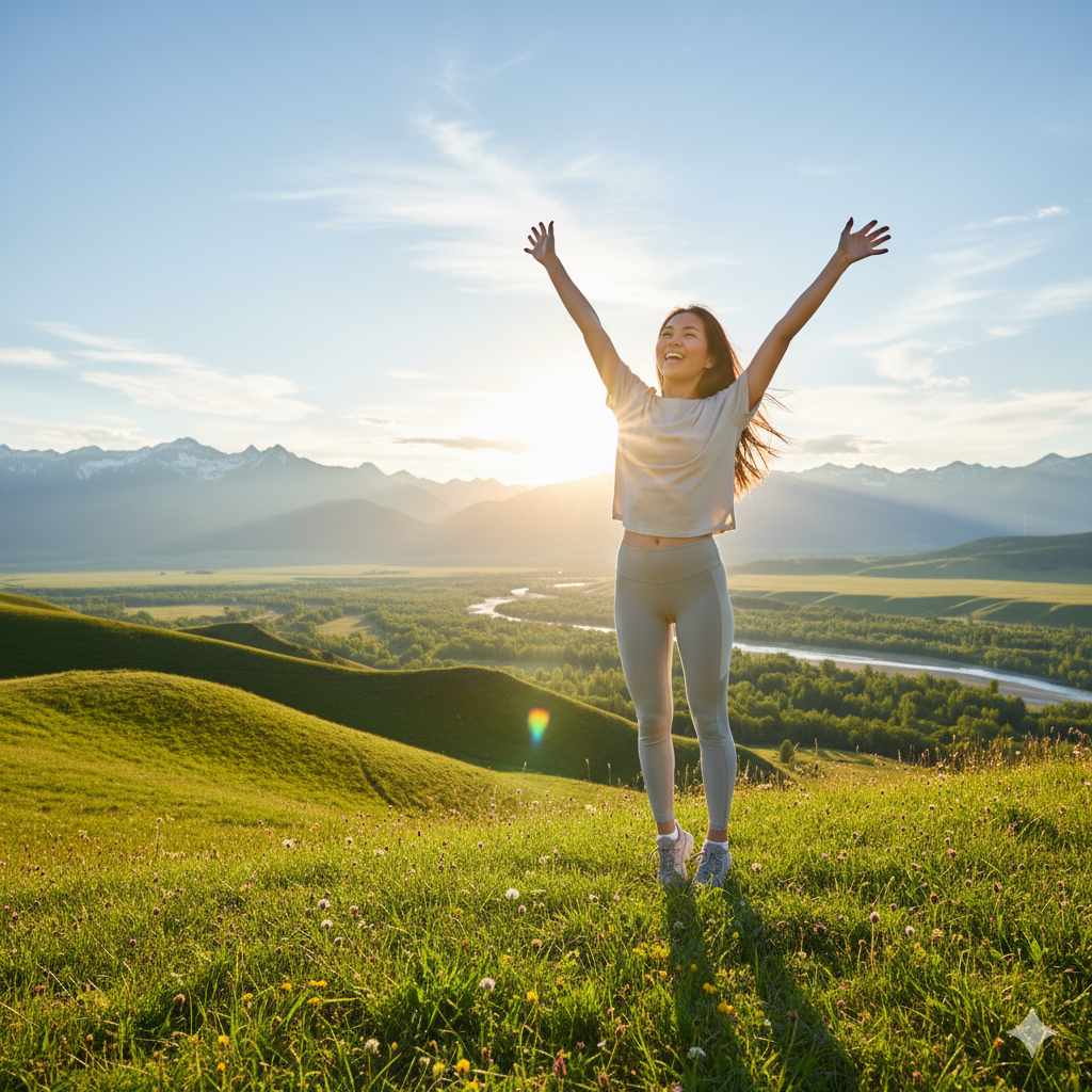 “Positive and uplifting lifestyle photo of a happy, active person enjoying nature with energy and balance, symbolizing healthy living.”
